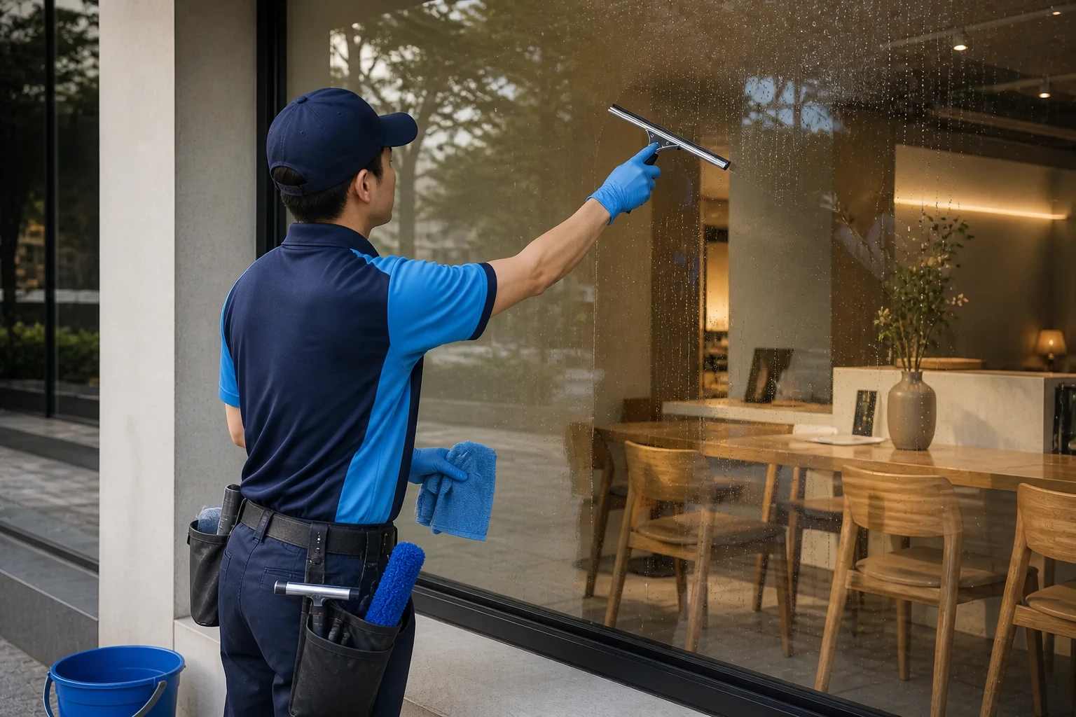 매장 쇼윈도 유리를 스퀴지로 청소하는 작업자